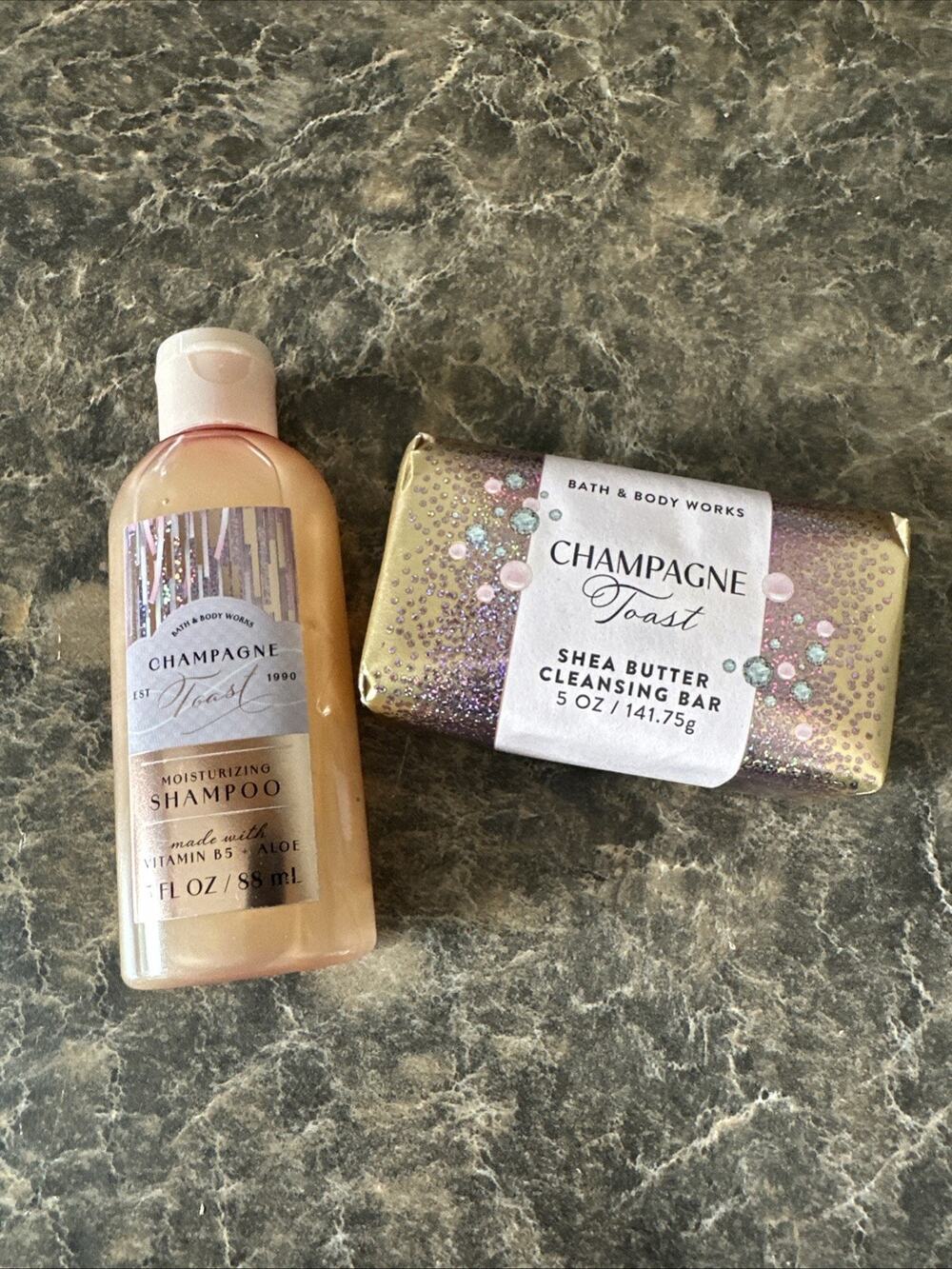 Bath & Body works Shea Butter Cleansing BarAND Shampoo 3 Oz Champagne toast